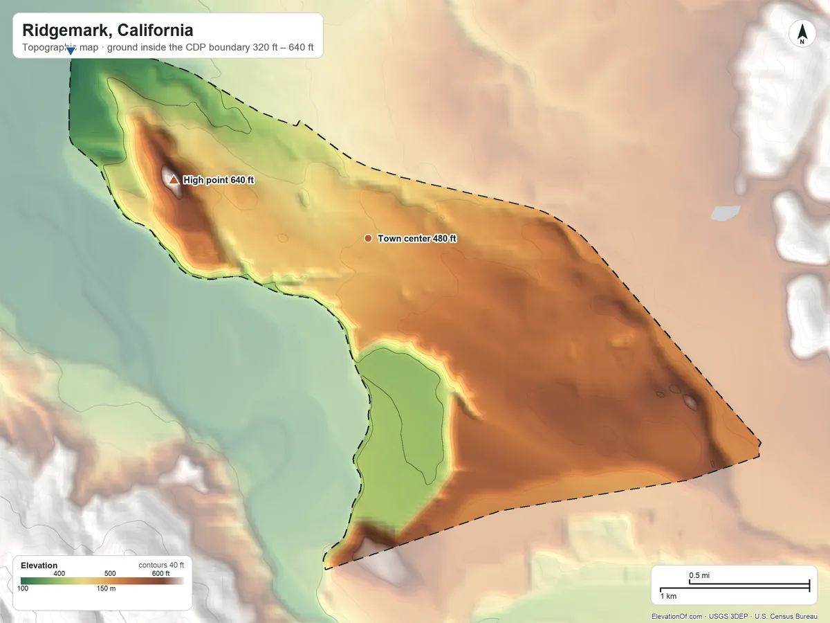 Topographic elevation map of Ridgemark, California, shaded from 320 ft on the northwest side to 640 ft at the foot of the Gabilan Range