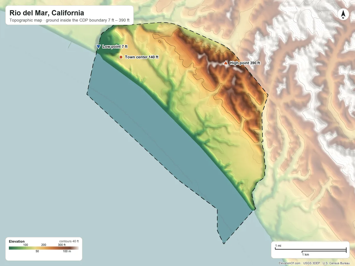 Topographic elevation map of Rio del Mar, California, shaded from 7 ft near the middle to 390 ft on the east side
