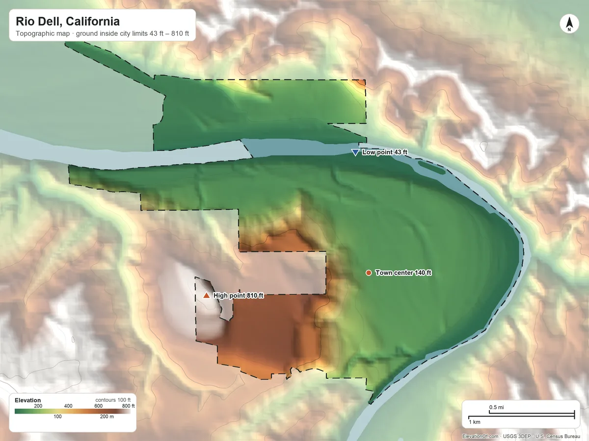 Topographic elevation map of Rio Dell, California, shaded from 43 ft on the north side to 810 ft on the west edge, below higher ground just outside