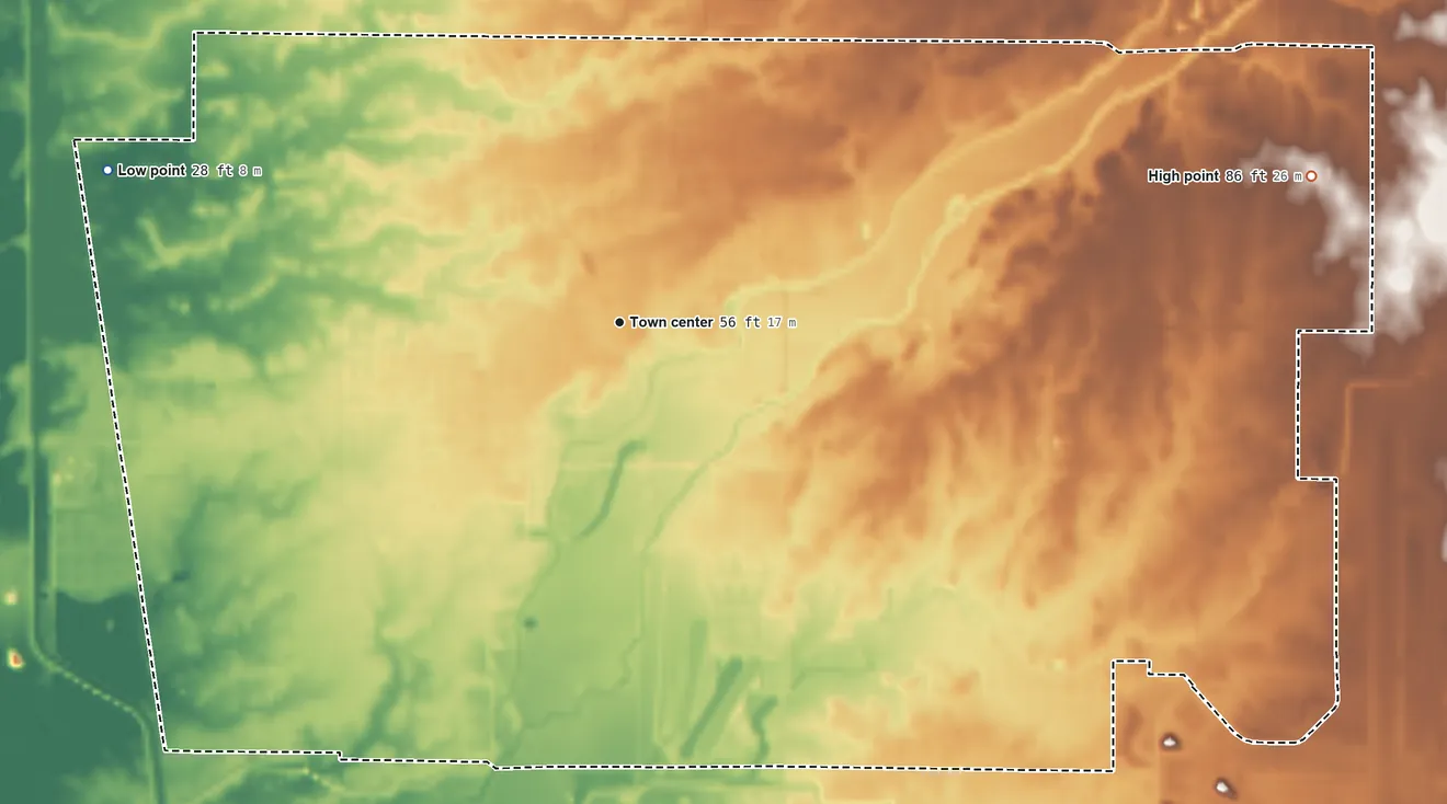 Topographic elevation map of Rio Linda, California, shaded from 28 ft on the west side to 86 ft on the east side