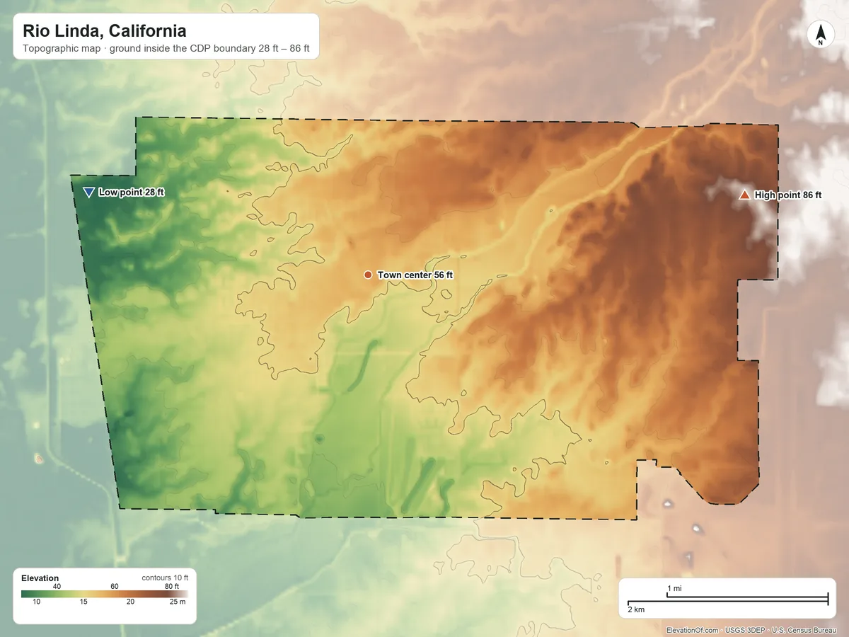 Topographic elevation map of Rio Linda, California, shaded from 28 ft on the west side to 86 ft on the east side