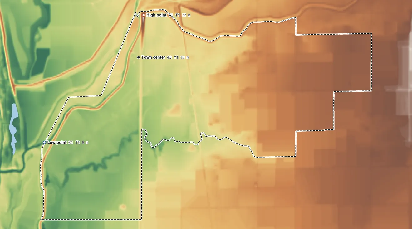 Topographic elevation map of Rio Oso, California, shaded from 31 ft on the southwest side to 71 ft on the north side
