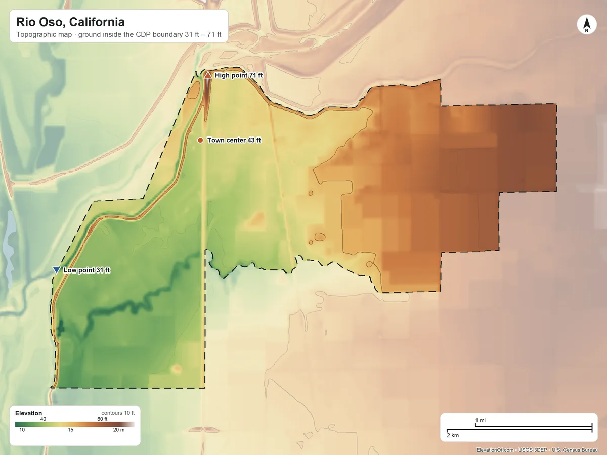 Topographic elevation map of Rio Oso, California, shaded from 31 ft on the southwest side to 71 ft on the north side