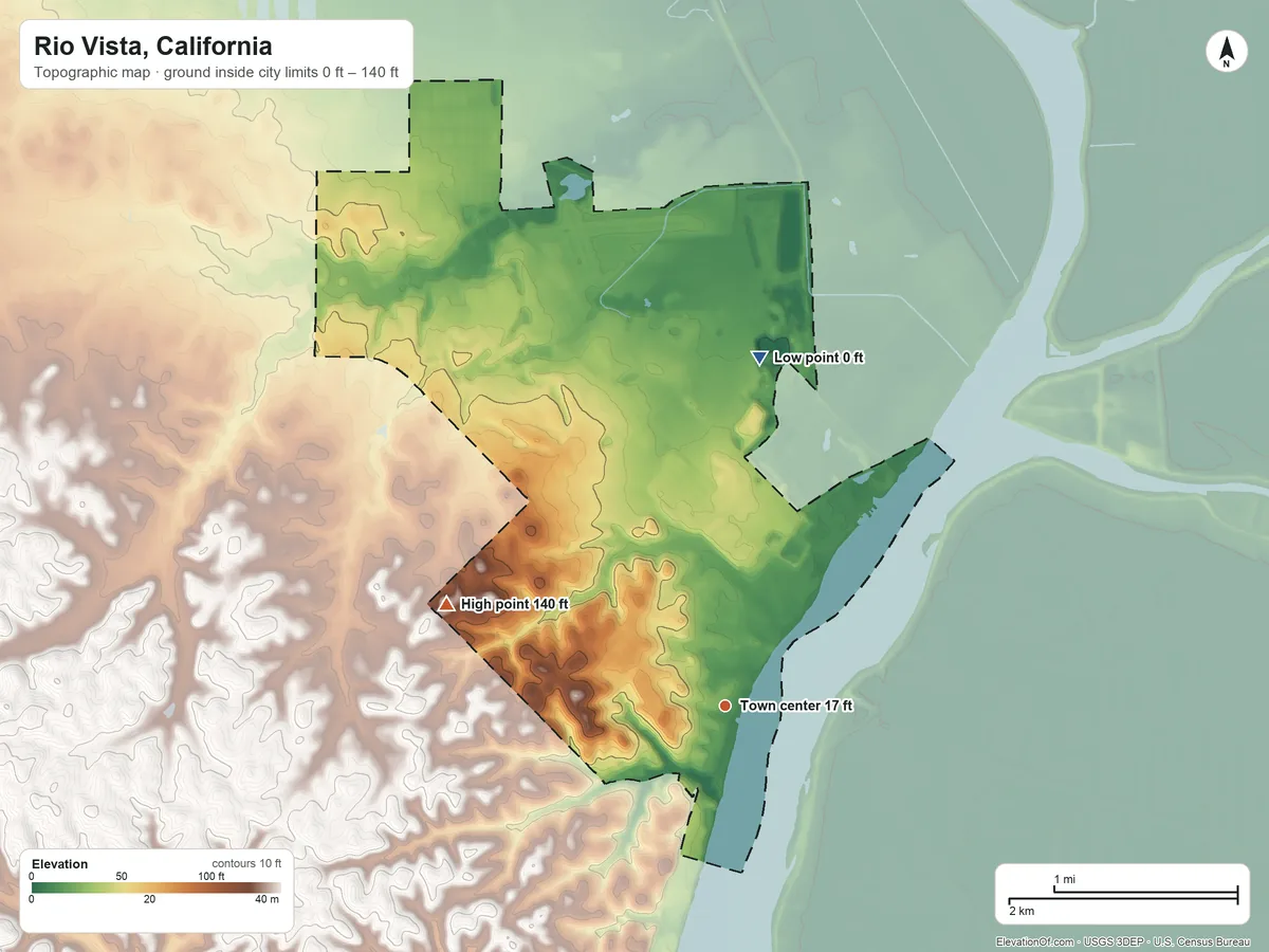 Topographic elevation map of Rio Vista, California, shaded from 0 ft on the north side to 140 ft on the west side
