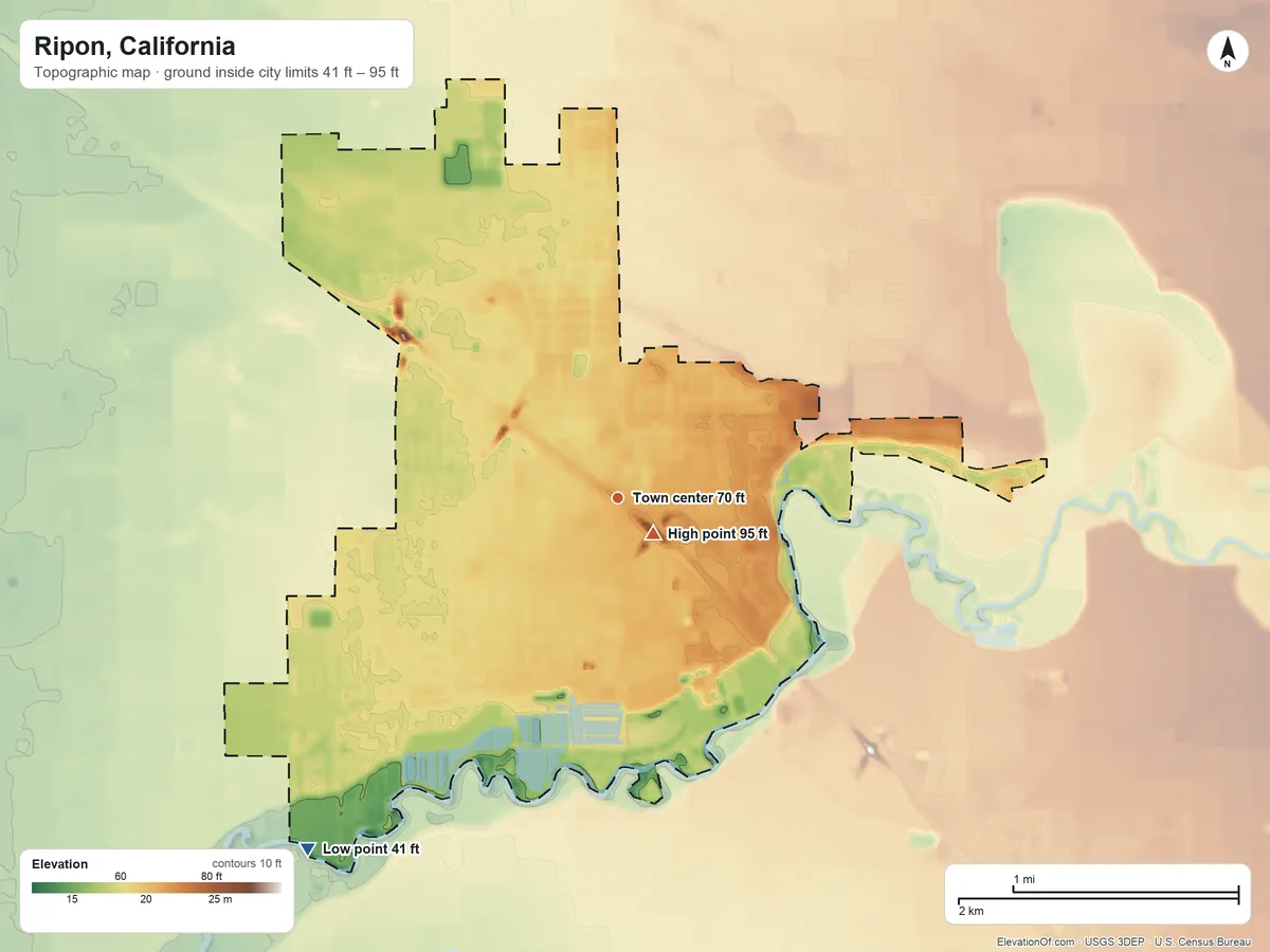 Topographic elevation map of Ripon, California, shaded from 41 ft on the southwest side to 95 ft near the middle