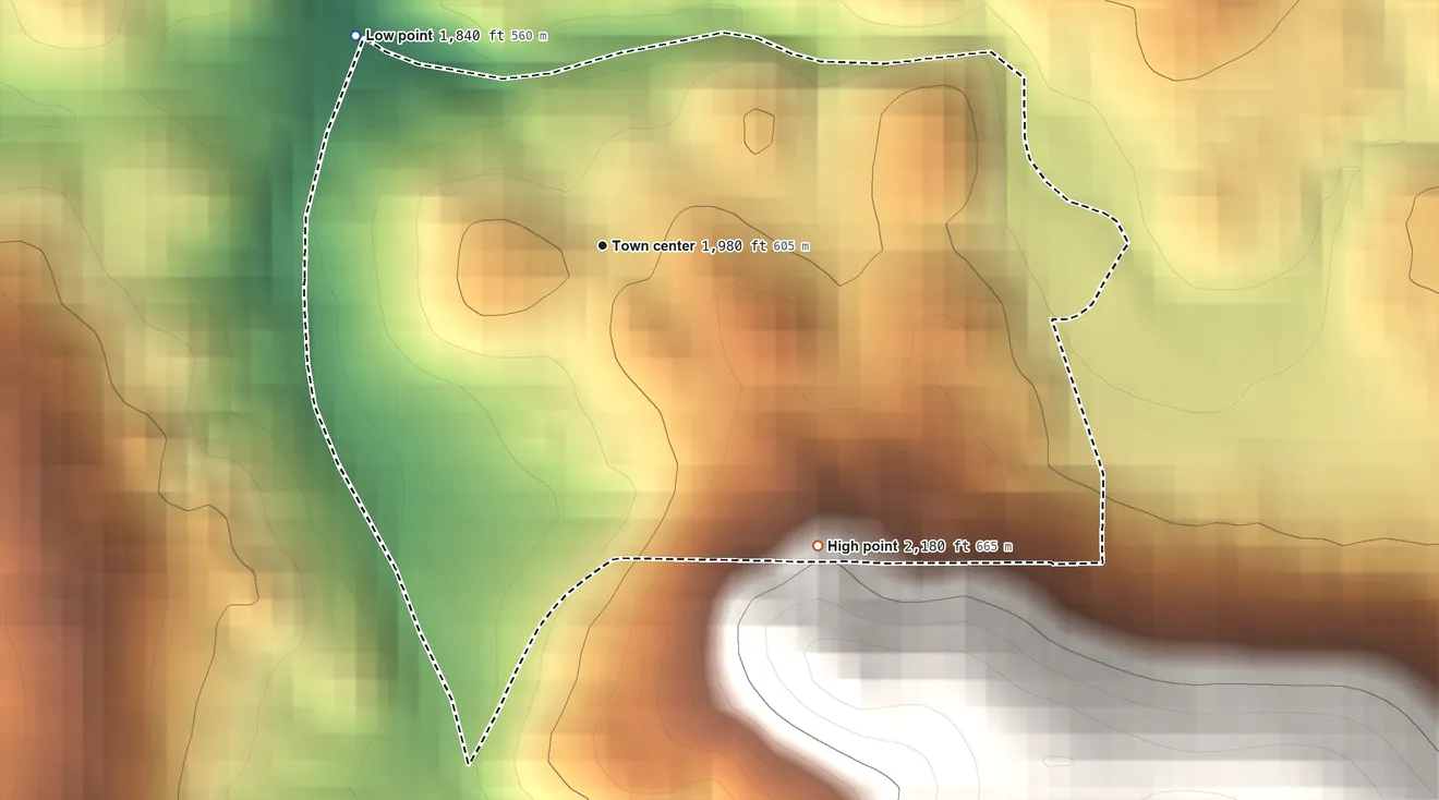 Topographic elevation map of River Pines, California, shaded from 1,840 ft on the northwest side to 2,180 ft on the southeast side