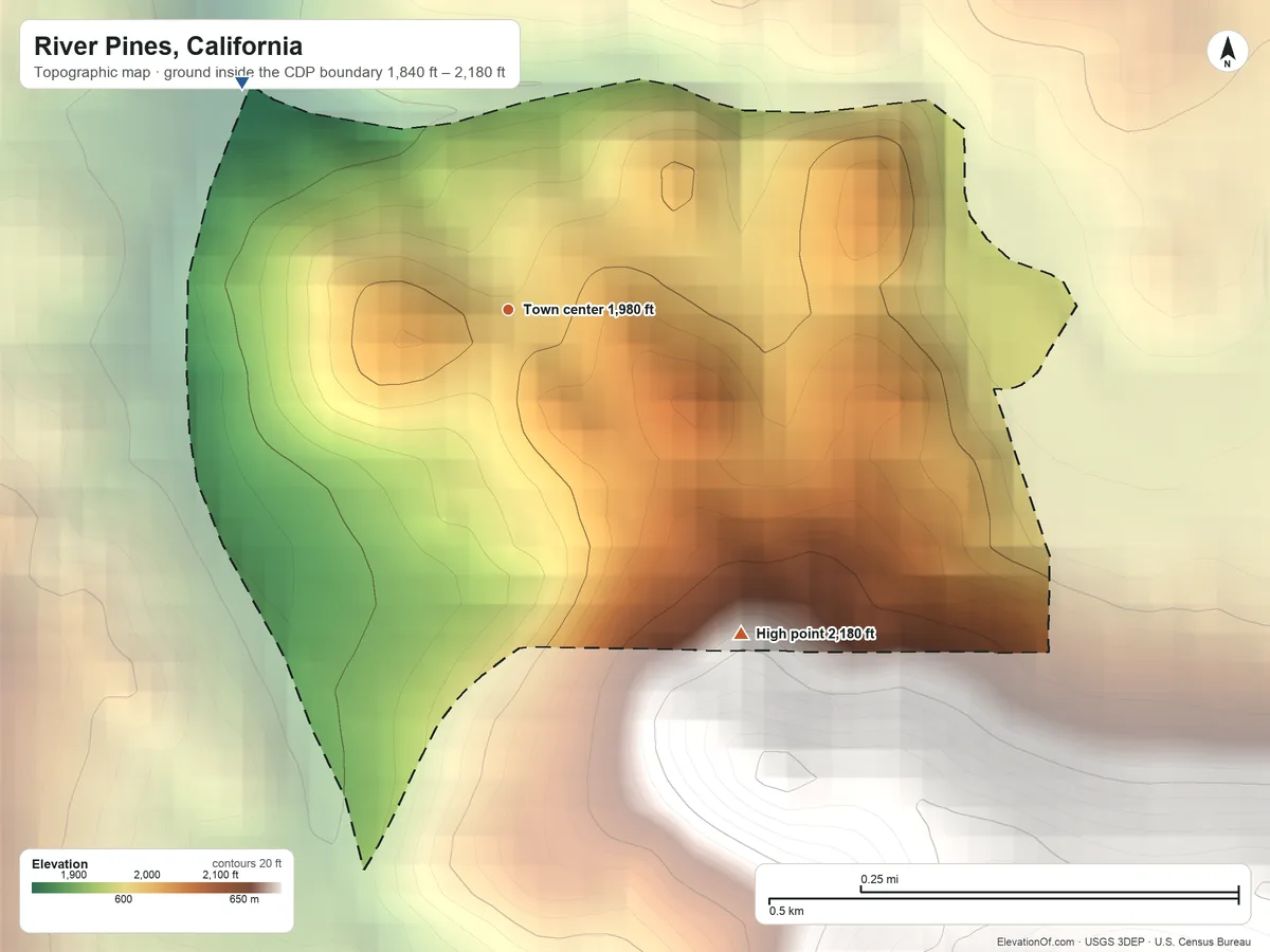 Topographic elevation map of River Pines, California, shaded from 1,840 ft on the northwest side to 2,180 ft on the southeast side