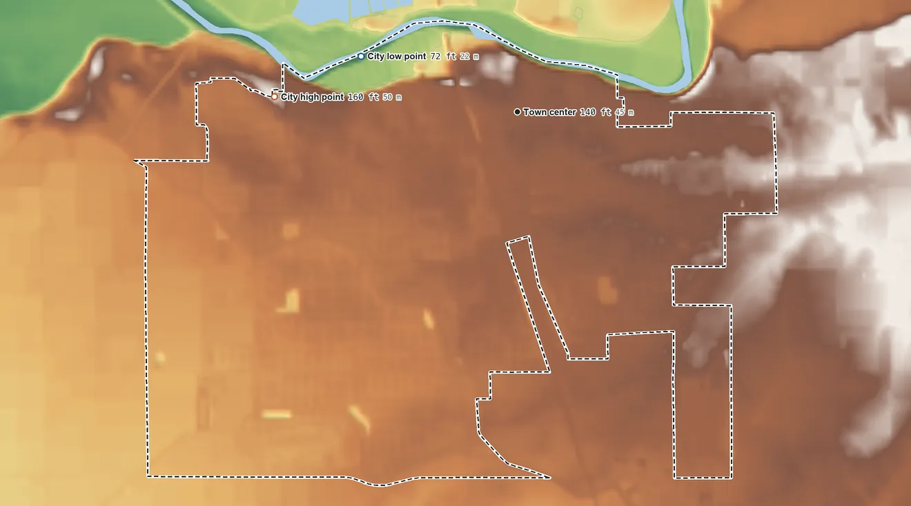Topographic elevation map of Riverbank, California, shaded from 72 ft on the west side to 160 ft on the west side