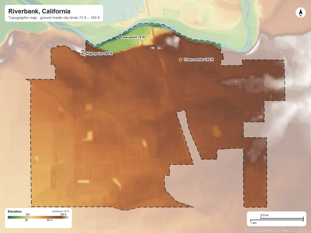 Topographic elevation map of Riverbank, California, shaded from 72 ft on the west side to 160 ft on the west side