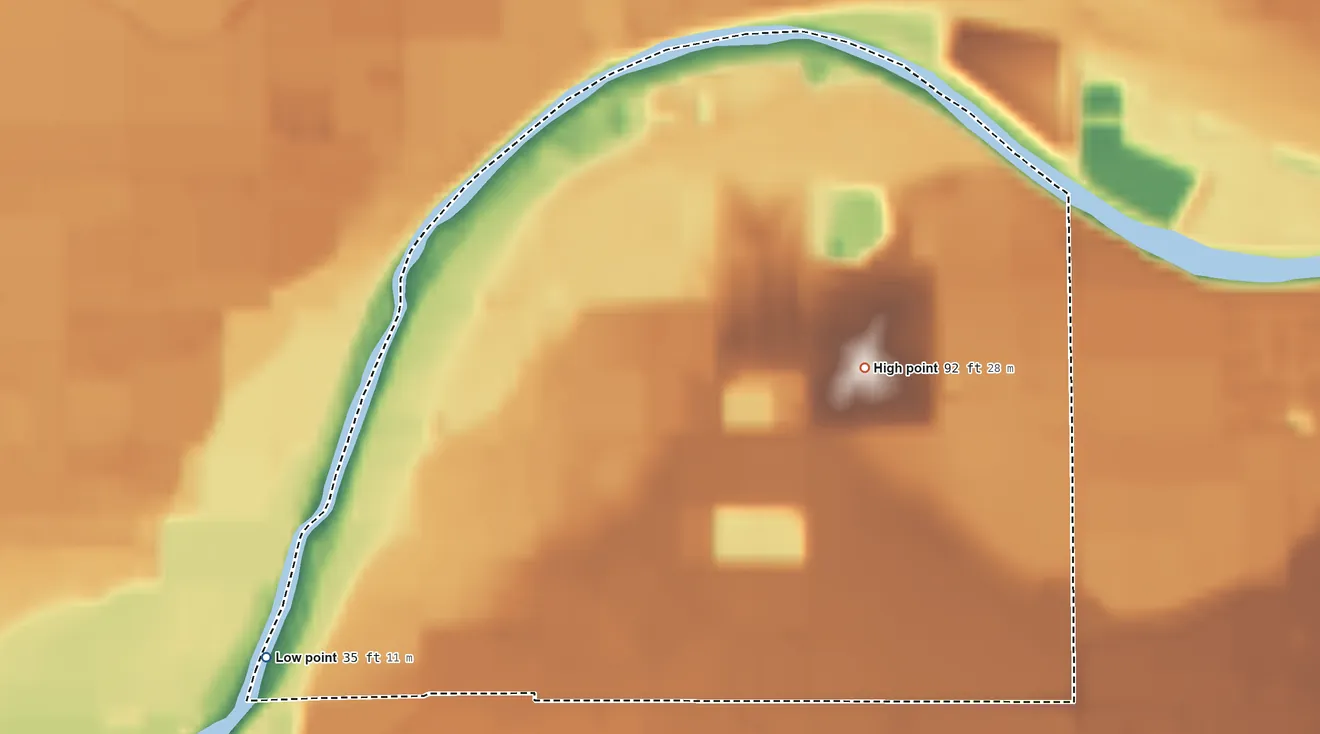 Topographic elevation map of Riverdale Park, California, shaded from 35 ft on the southwest side to 92 ft on the southeast side