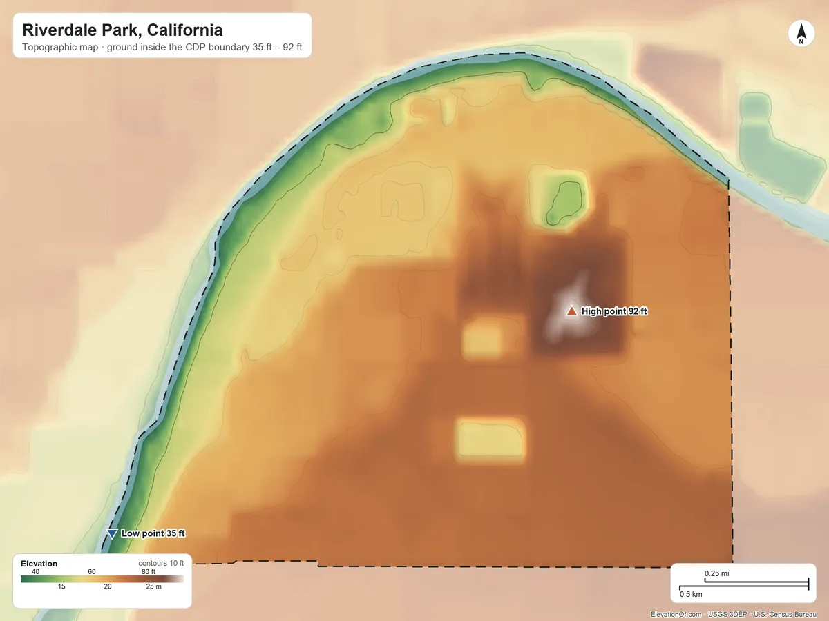 Topographic elevation map of Riverdale Park, California, shaded from 35 ft on the southwest side to 92 ft on the southeast side