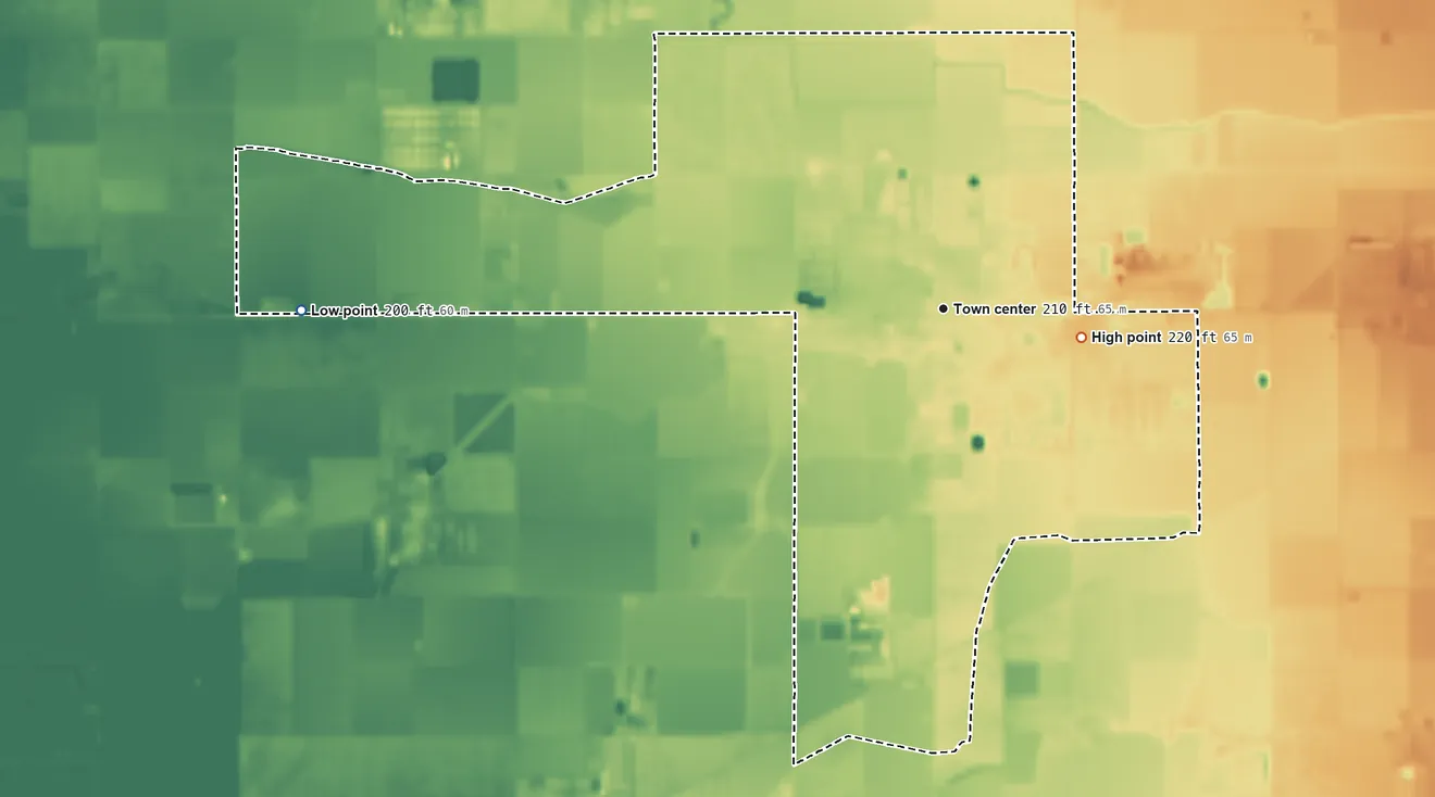 Topographic elevation map of Riverdale, California, shaded from 200 ft on the west side to 220 ft on the east side