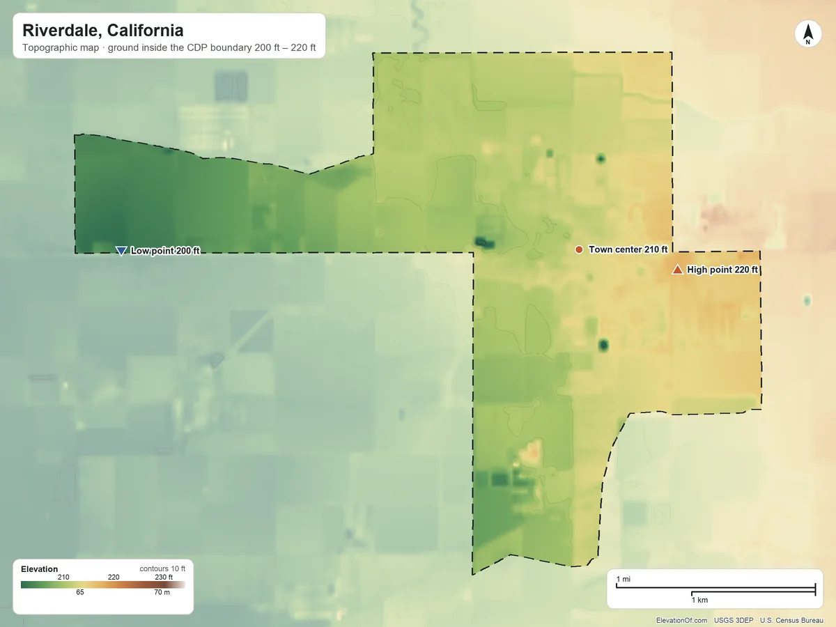 Topographic elevation map of Riverdale, California, shaded from 200 ft on the west side to 220 ft on the east side