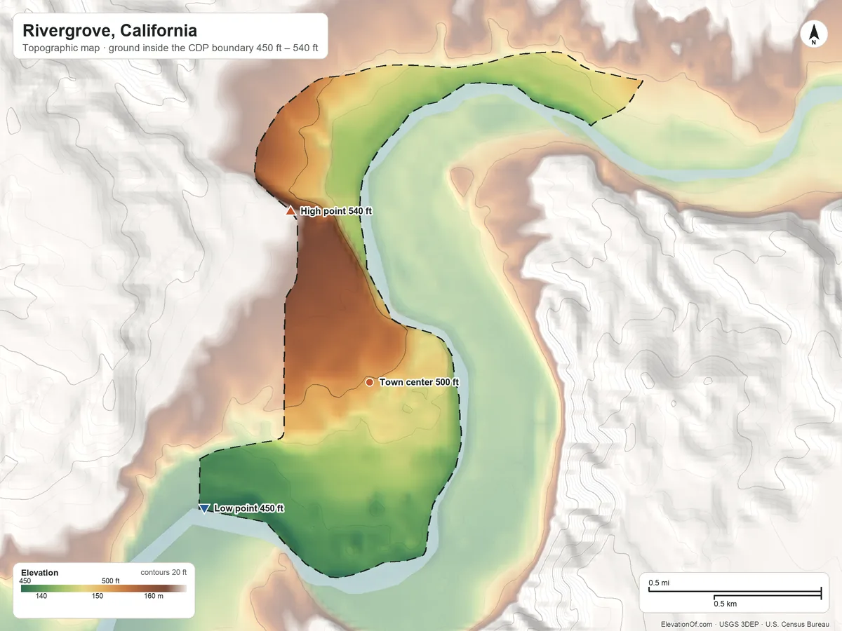 Topographic elevation map of Rivergrove, California, shaded from 450 ft on the southwest side to 540 ft on the northwest edge, below higher ground just outside