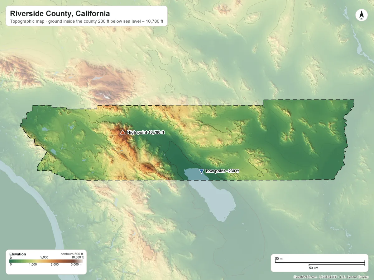Topographic elevation map of Riverside County, California, shaded from 230 ft below sea level near the middle to 10,780 ft on San Jacinto Peak