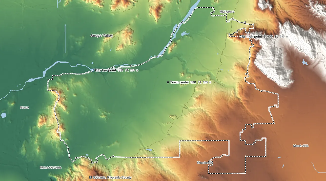Topographic elevation map of Riverside, California, shaded from 660 ft on the west side to 1,947 ft on Sugarloaf Mountain