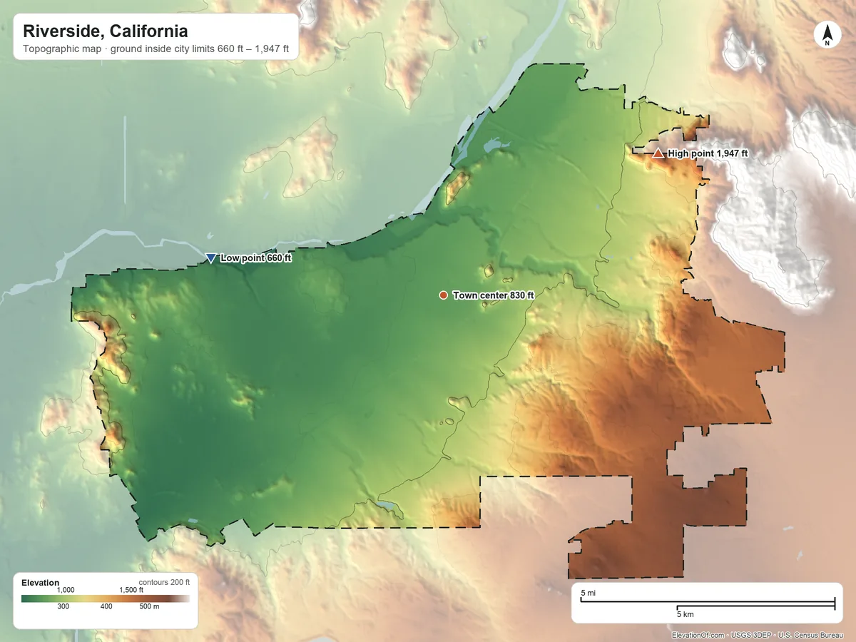Topographic elevation map of Riverside, California, shaded from 660 ft on the west side to 1,947 ft on Sugarloaf Mountain
