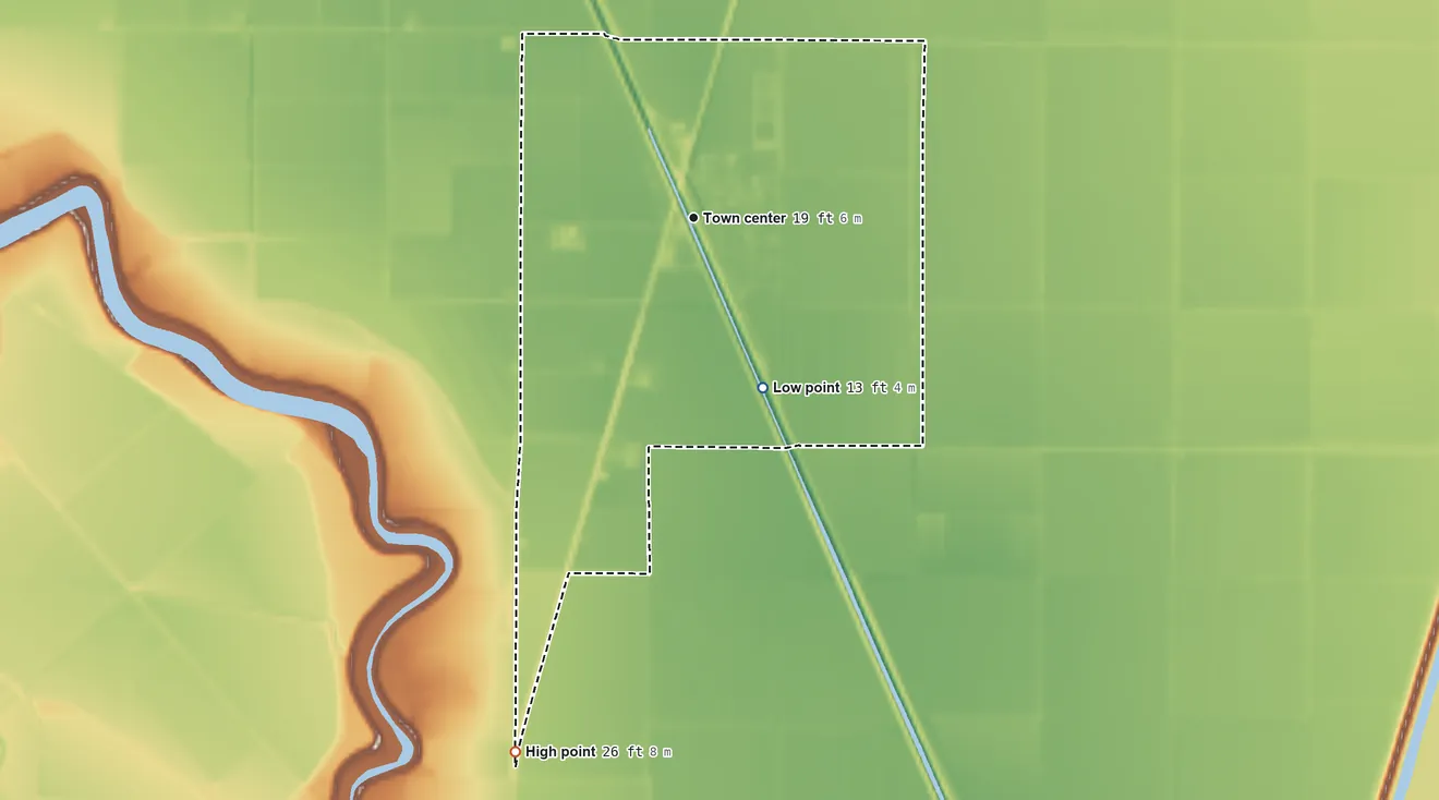 Topographic elevation map of Robbins, California, shaded from 13 ft on the south side to 26 ft on the south side