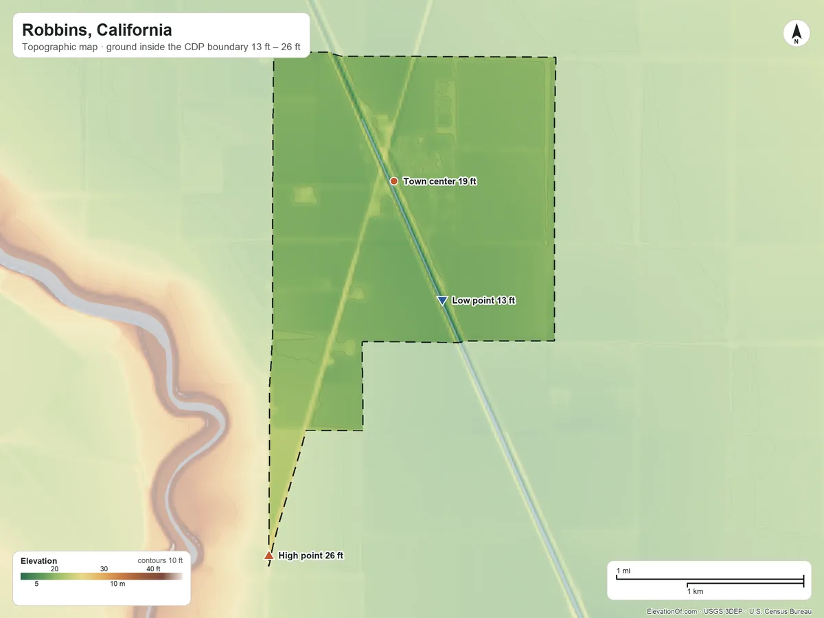 Topographic elevation map of Robbins, California, shaded from 13 ft on the south side to 26 ft on the south side