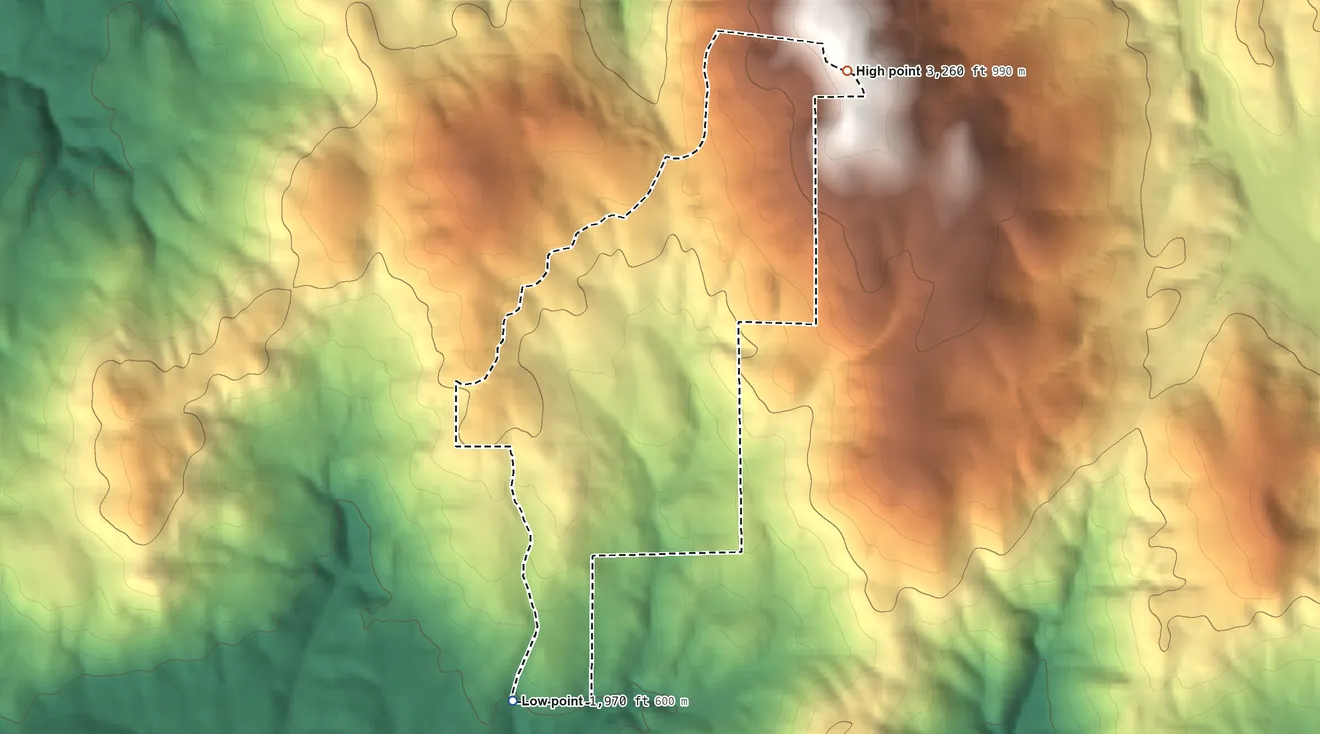 Topographic elevation map of Robinson Mill, California, shaded from 1,970 ft on the southwest side to 3,260 ft on the northeast edge, below higher ground just outside