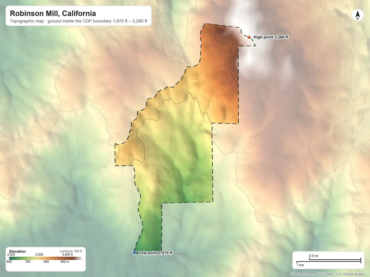 Topographic elevation map of Robinson Mill, California, shaded from 1,970 ft on the southwest side to 3,260 ft on the northeast edge, below higher ground just outside