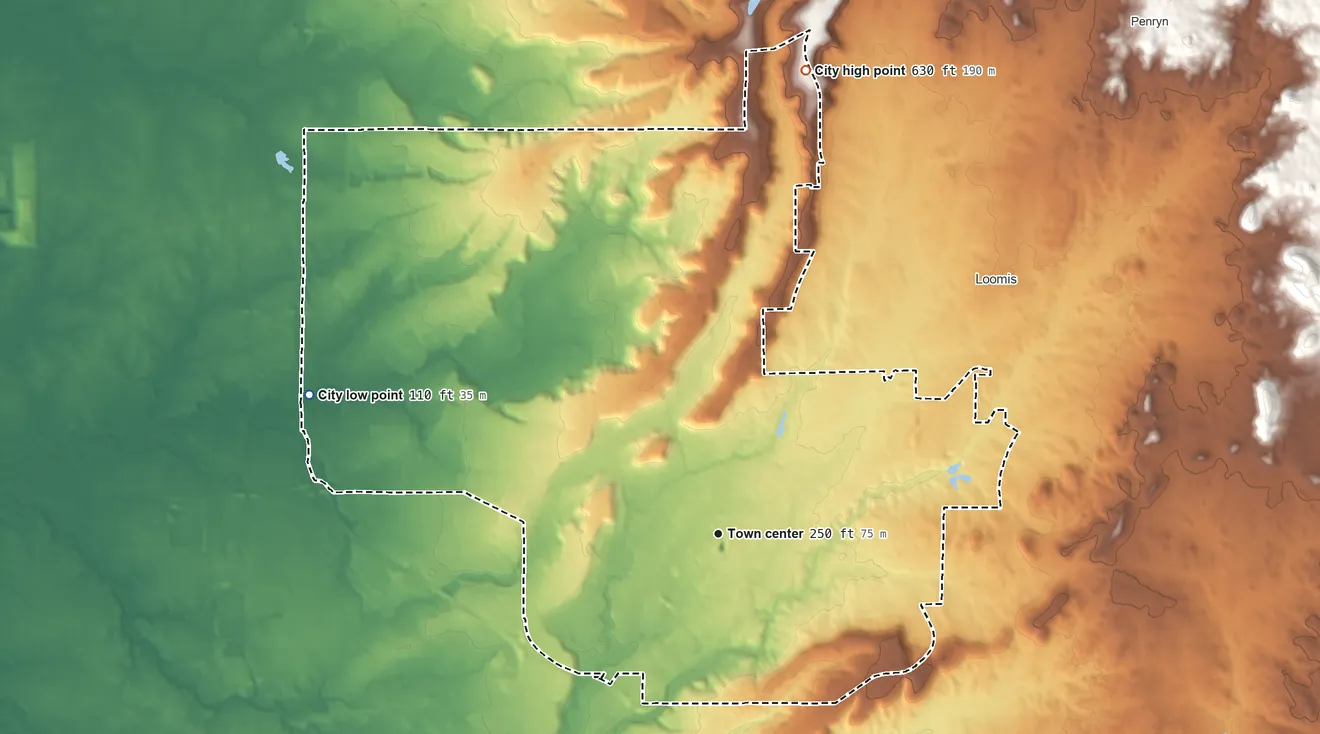 Topographic elevation map of Rocklin, California, shaded from 110 ft on the west side to 630 ft on the north side