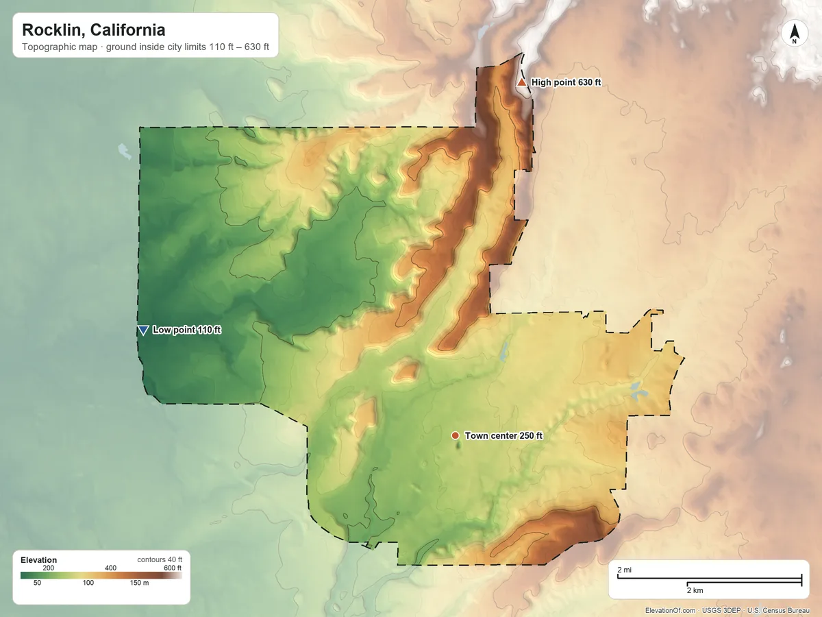 Topographic elevation map of Rocklin, California, shaded from 110 ft on the west side to 630 ft on the north side