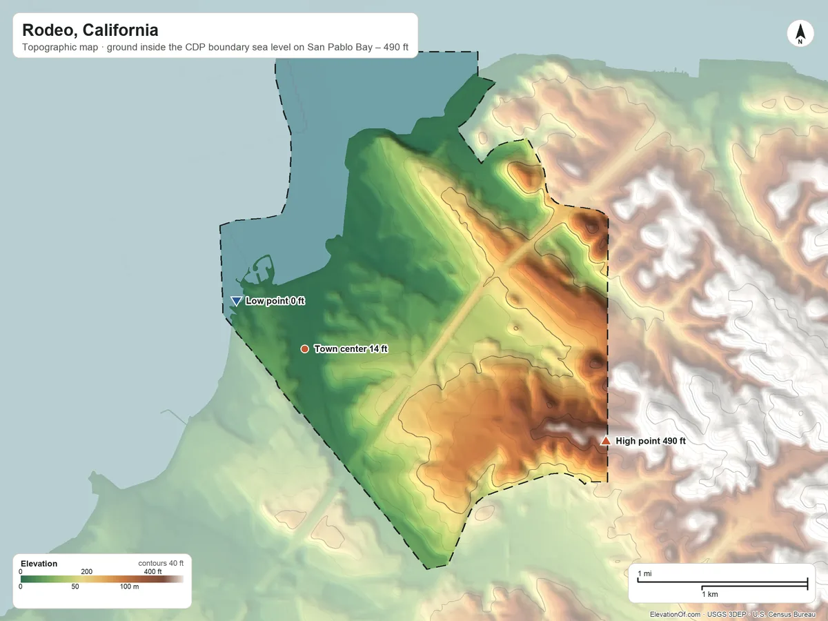 Topographic elevation map of Rodeo, California, shaded from sea level level on San Pablo Bay to 490 ft at the foot of the Briones Hills