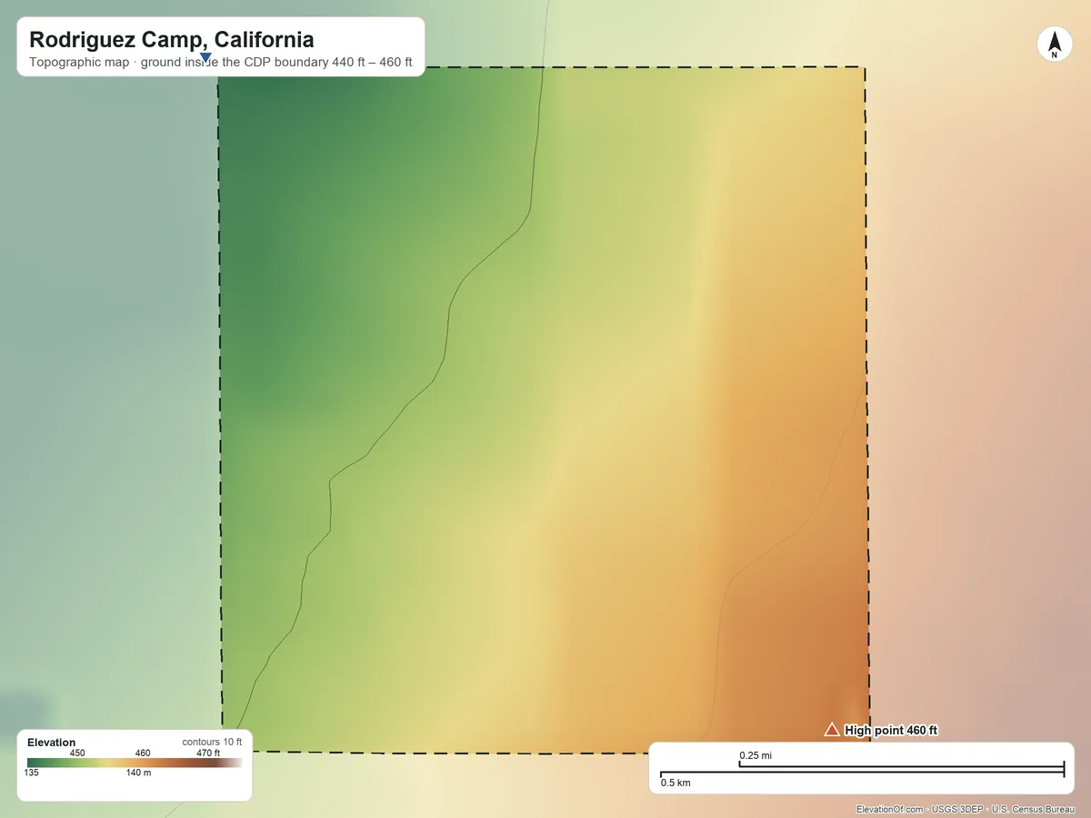 Topographic elevation map of Rodriguez Camp, California, shaded from 440 ft on the northwest side to 460 ft on the southeast side