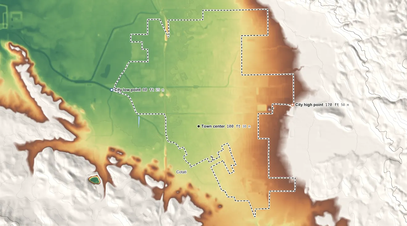 Topographic elevation map of Rohnert Park, California, shaded from 80 ft on the northwest side to 170 ft at the foot of the Sonoma Mountains