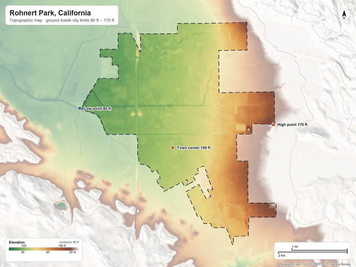 Topographic elevation map of Rohnert Park, California, shaded from 80 ft on the northwest side to 170 ft at the foot of the Sonoma Mountains