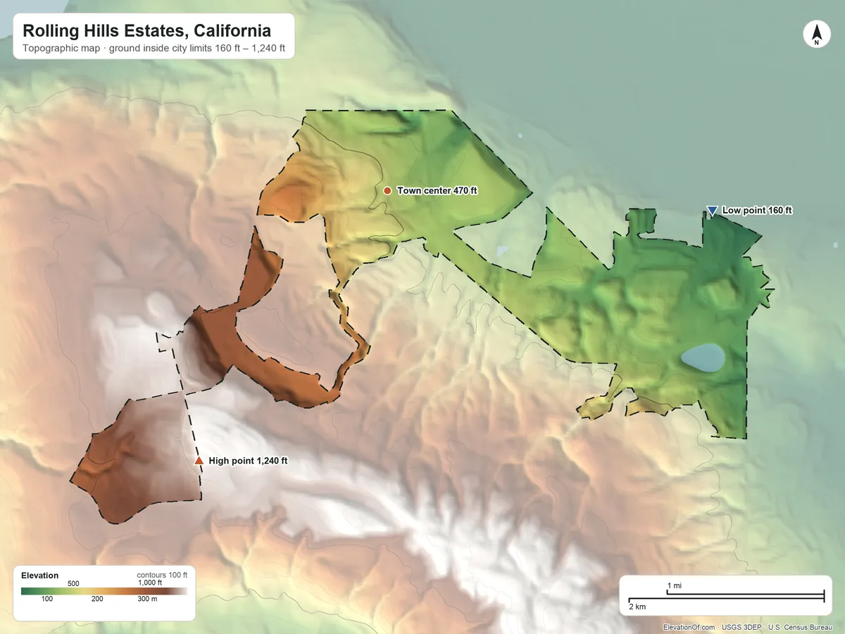 Topographic elevation map of Rolling Hills Estates, California, shaded from 160 ft on the east side to 1,240 ft on the southwest side