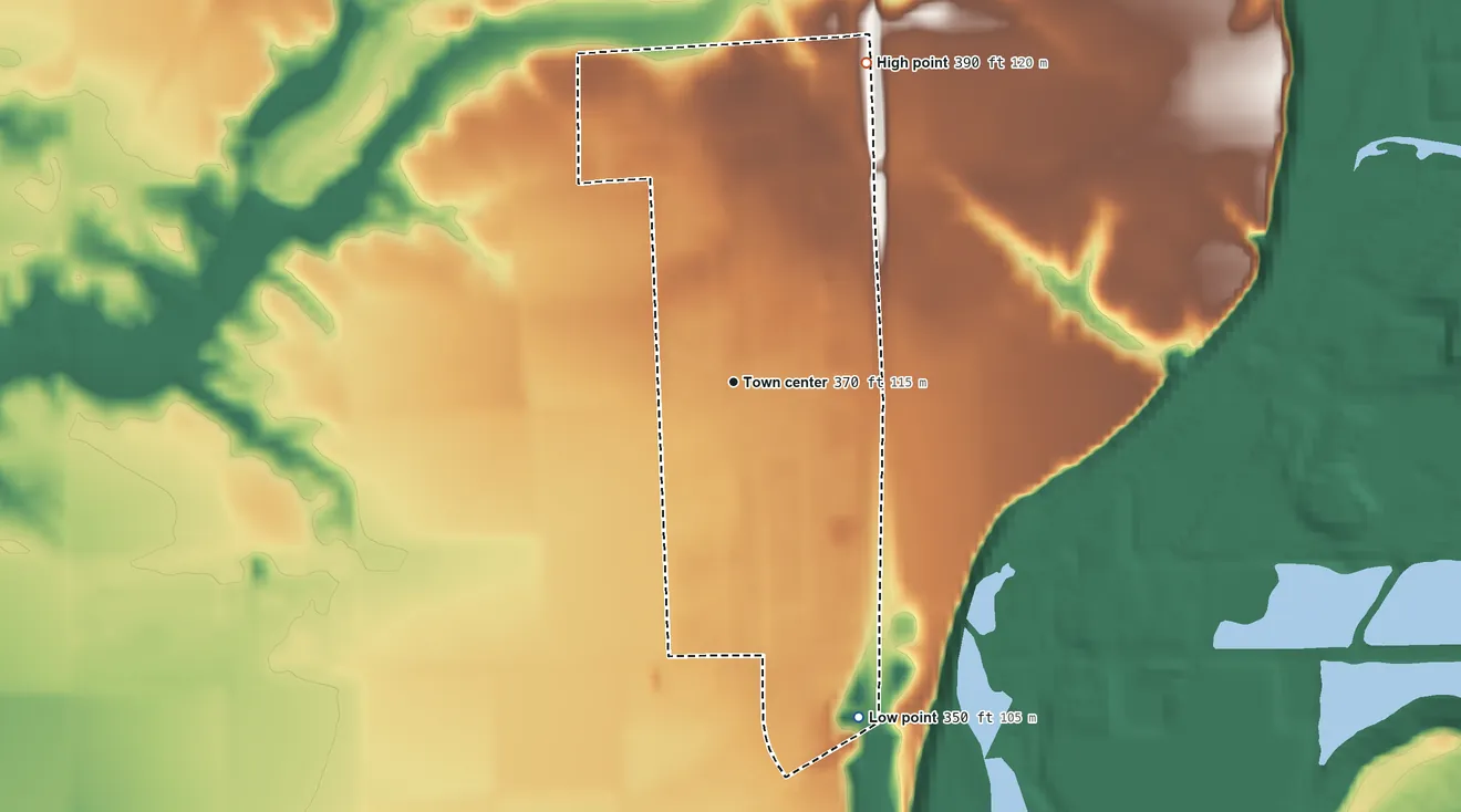 Topographic elevation map of Rolling Hills, Madera County, California, shaded from 350 ft on the south side to 390 ft on the northeast side