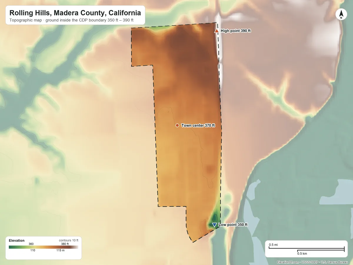Topographic elevation map of Rolling Hills, Madera County, California, shaded from 350 ft on the south side to 390 ft on the northeast side
