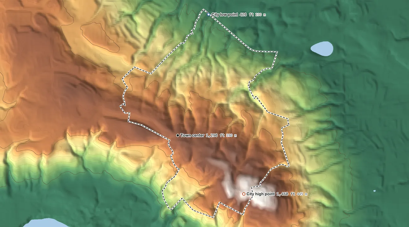 Topographic elevation map of Rolling Hills, California, shaded from 420 ft on the north side to 1,460 ft on the southeast side