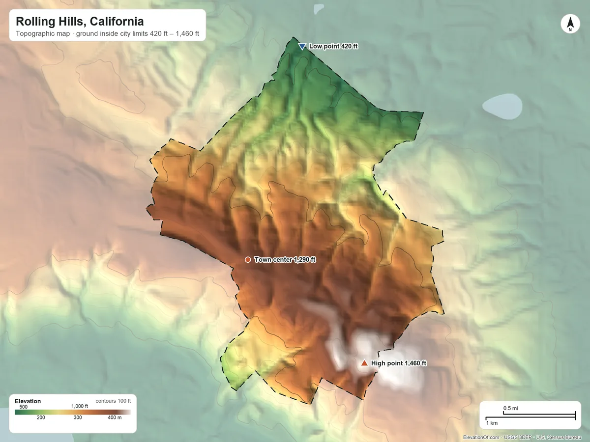 Topographic elevation map of Rolling Hills, California, shaded from 420 ft on the north side to 1,460 ft on the southeast side