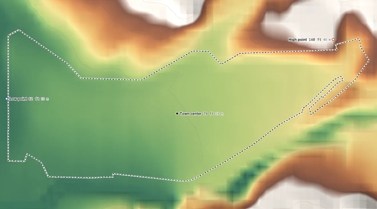 Topographic elevation map of Rollingwood, California, shaded from 62 ft on the west side to 140 ft at the foot of the Black Hills