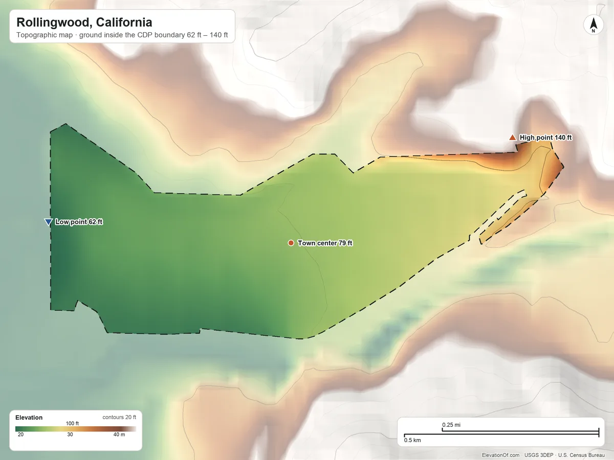Topographic elevation map of Rollingwood, California, shaded from 62 ft on the west side to 140 ft at the foot of the Black Hills