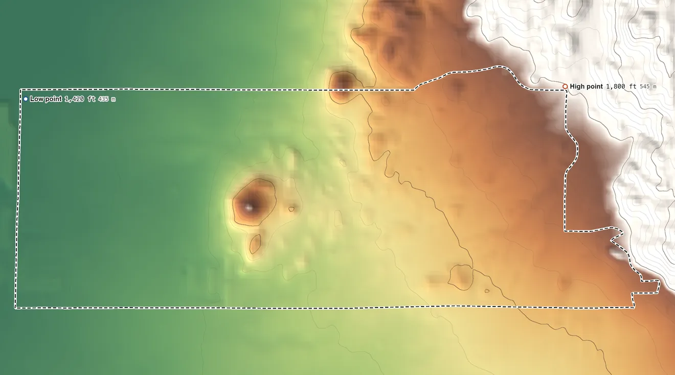 Topographic elevation map of Romoland, California, shaded from 1,420 ft on the northwest side to 1,800 ft at the foot of the Lakeview Mountains