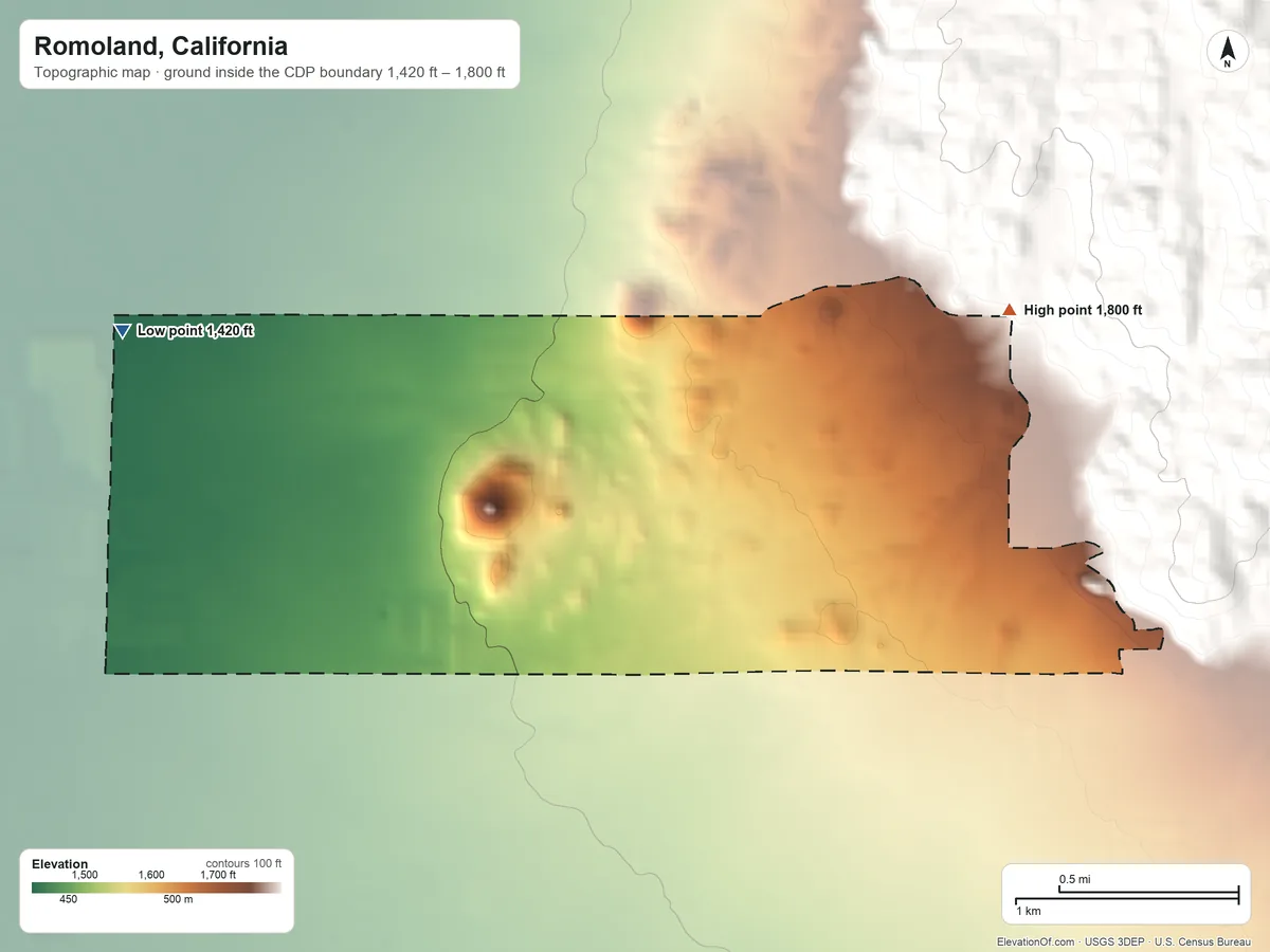 Topographic elevation map of Romoland, California, shaded from 1,420 ft on the northwest side to 1,800 ft at the foot of the Lakeview Mountains