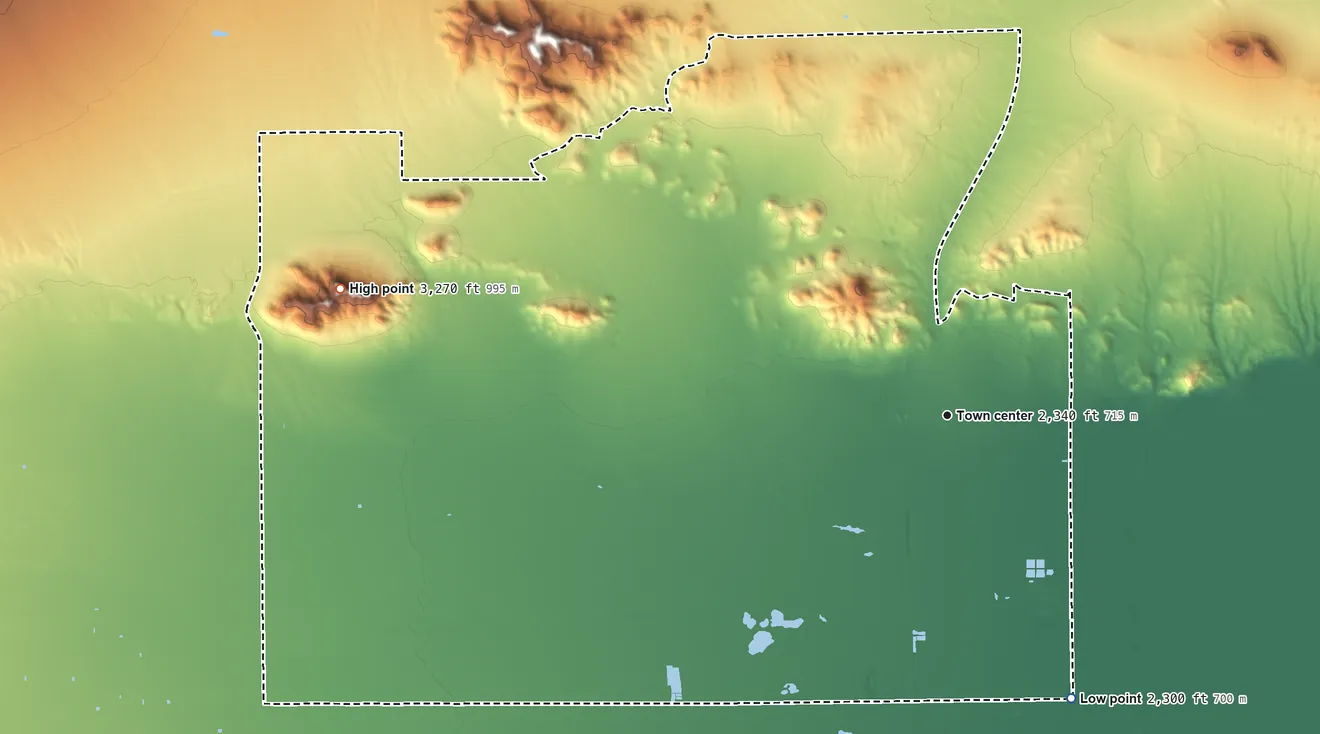 Topographic elevation map of Rosamond, California, shaded from 2,300 ft on the southeast side to 3,270 ft on Willow Springs Butte
