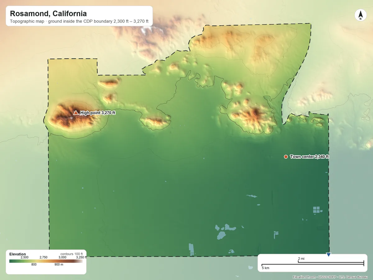 Topographic elevation map of Rosamond, California, shaded from 2,300 ft on the southeast side to 3,270 ft on Willow Springs Butte