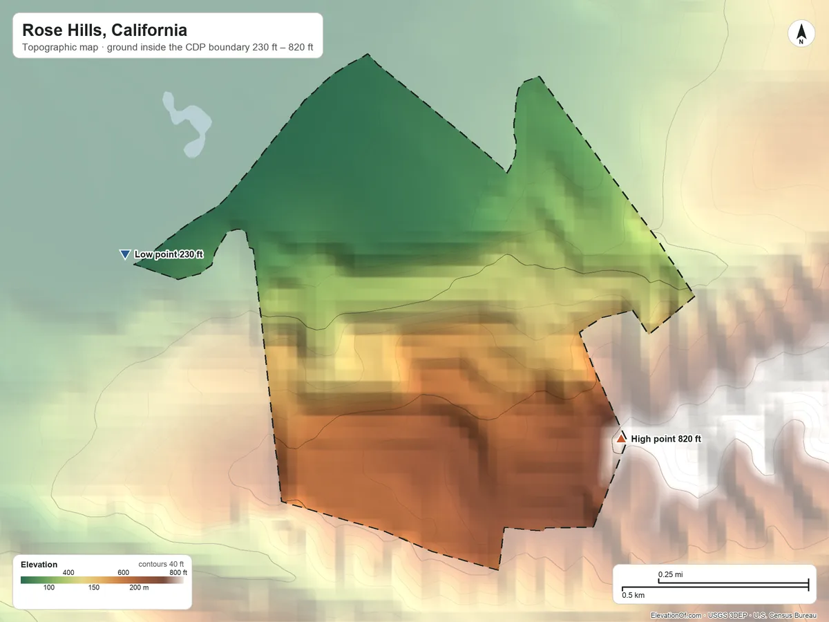 Topographic elevation map of Rose Hills, California, shaded from 230 ft on the west side to 820 ft at the foot of the West Coyote Hills
