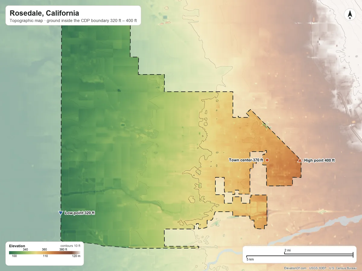 Topographic elevation map of Rosedale, California, shaded from 320 ft on the west side to 400 ft near the middle