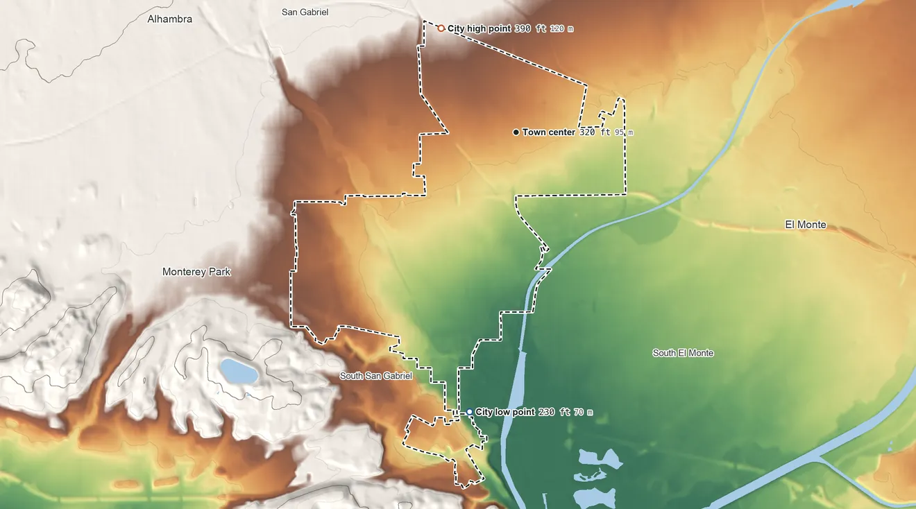 Topographic elevation map of Rosemead, California, shaded from 230 ft on the south side to 390 ft on the northwest side