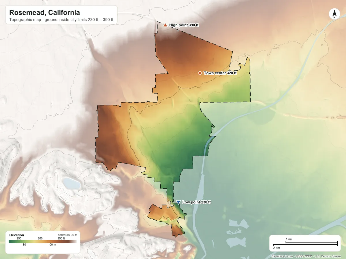Topographic elevation map of Rosemead, California, shaded from 230 ft on the south side to 390 ft on the northwest side
