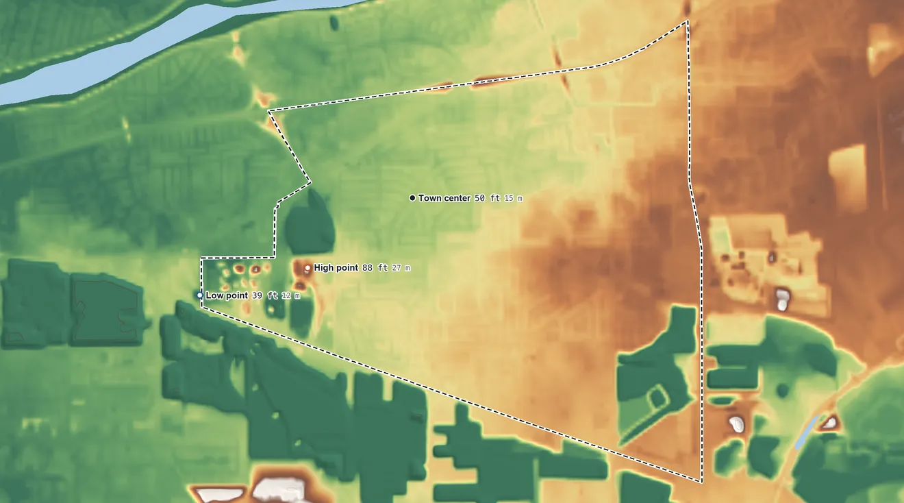Topographic elevation map of Rosemont, California, shaded from 39 ft on the southwest side to 88 ft on the southwest side