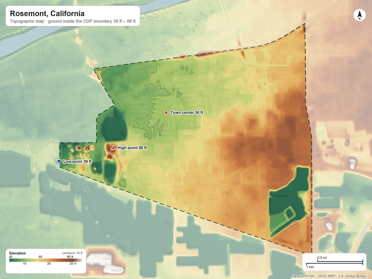 Topographic elevation map of Rosemont, California, shaded from 39 ft on the southwest side to 88 ft on the southwest side
