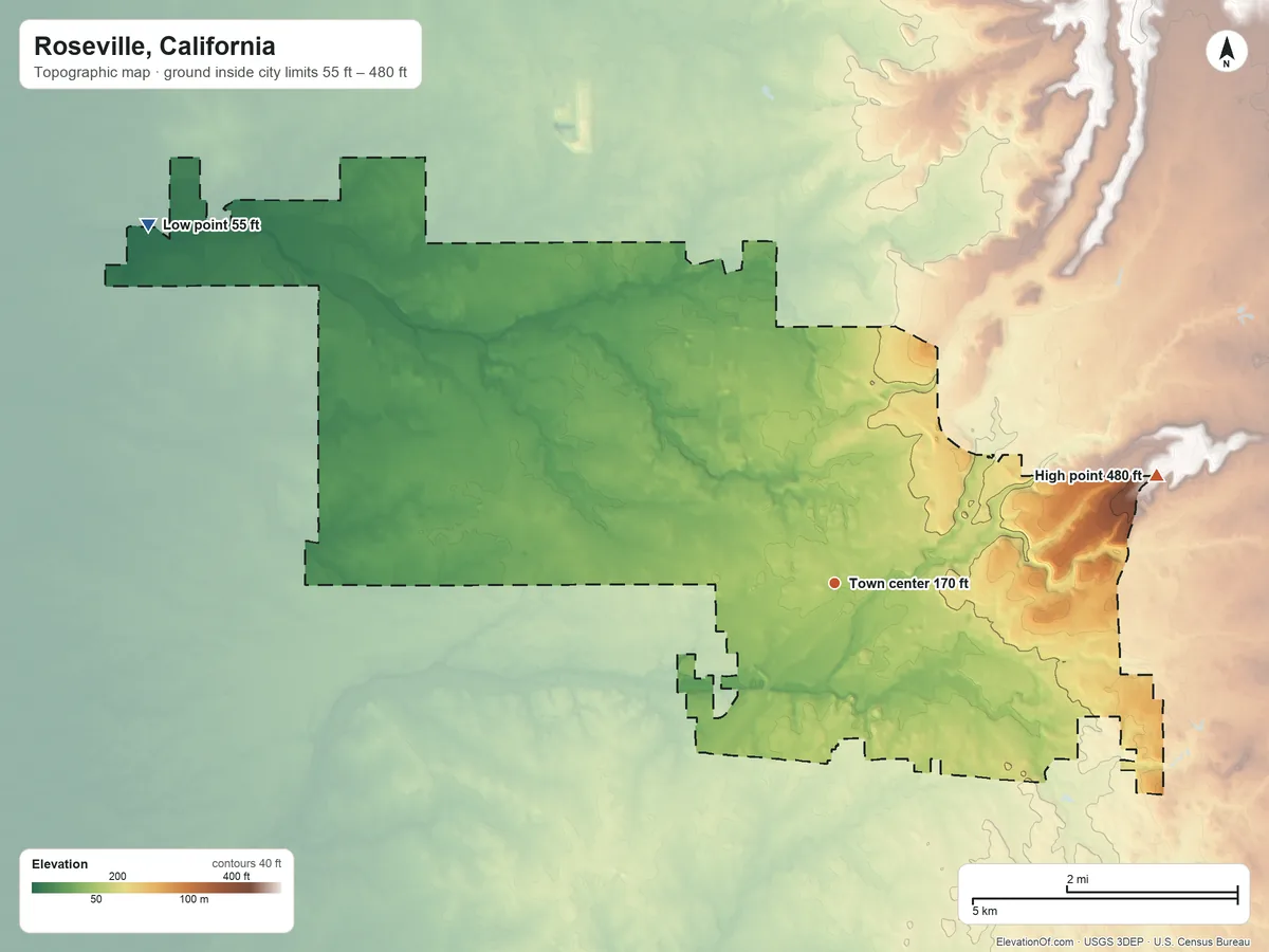 Topographic elevation map of Roseville, California, shaded from 55 ft on the northwest side to 480 ft on the east side