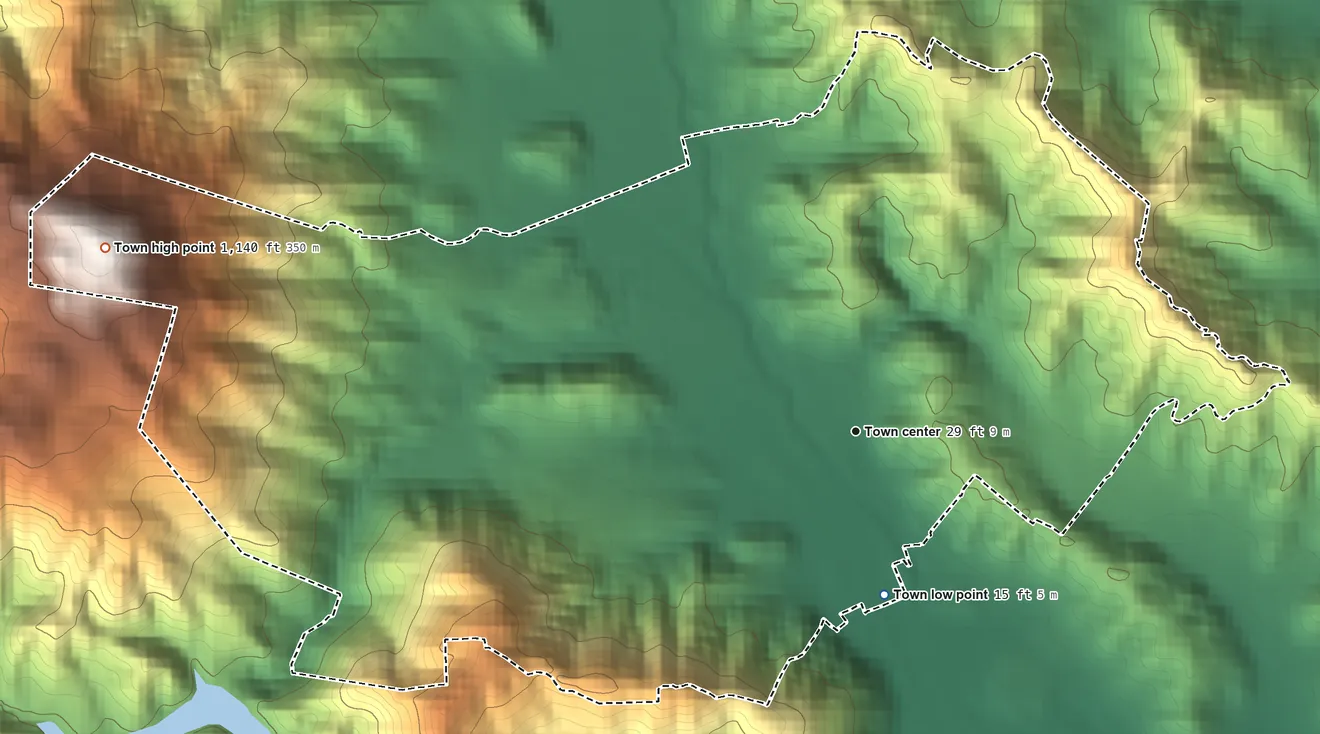 Topographic elevation map of Ross, California, shaded from 15 ft on the south side to 1,140 ft on Bald Hill